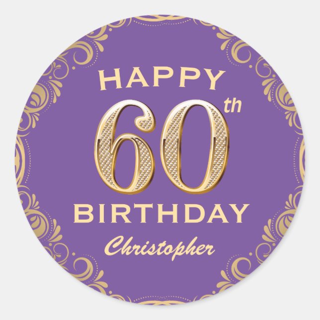 Adesivo 60ª Festa de aniversário Roxo e Dourada imagem da  (Frente)
