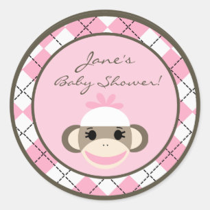 Adesivo 6 - 3" Favor Stickers Rosa Argyle Macaco