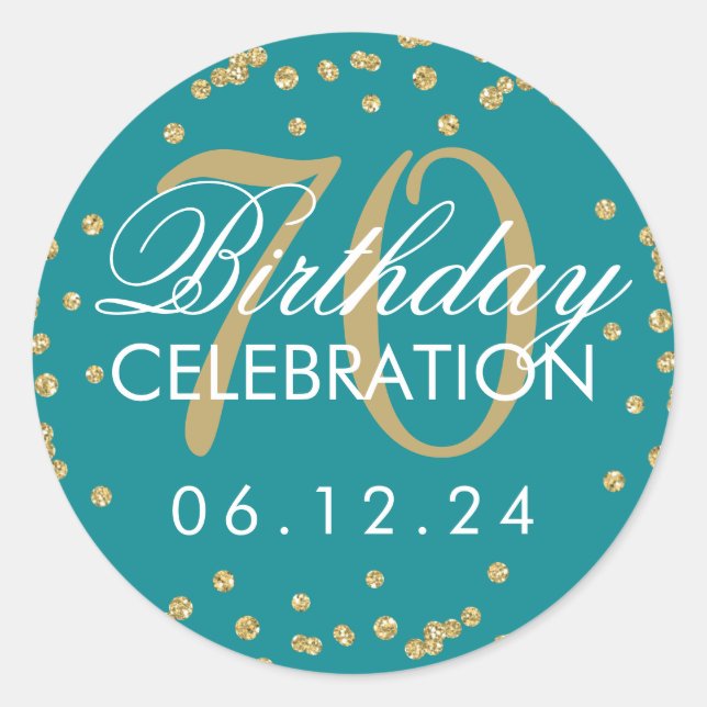 Adesivo 70 Teal Dourado Aniversário Glitter Confetti (Frente)