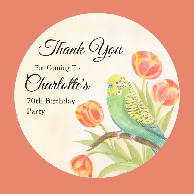Adesivo 70th Birthday Party Parakeet with Tulips  (Criador carregado)