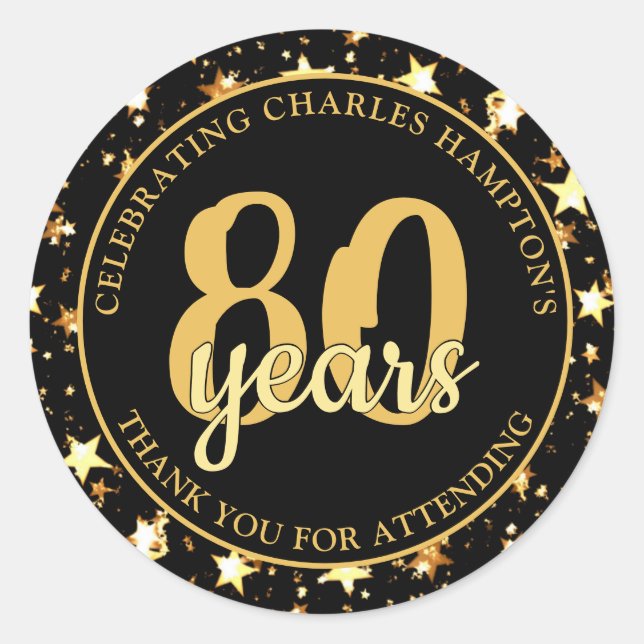 Adesivo 80º Aniversário Estrelas Preto e Dourado OBRIGADO (Frente)