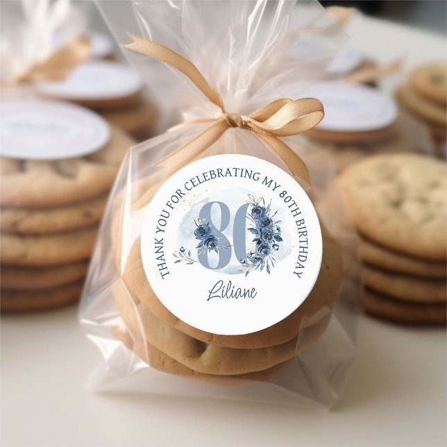 Adesivo 80 Birthday Floral Número Costeiro Azul Obrigado (80th Birthday stickers from my Floral Number Milestone Birthday Collection)