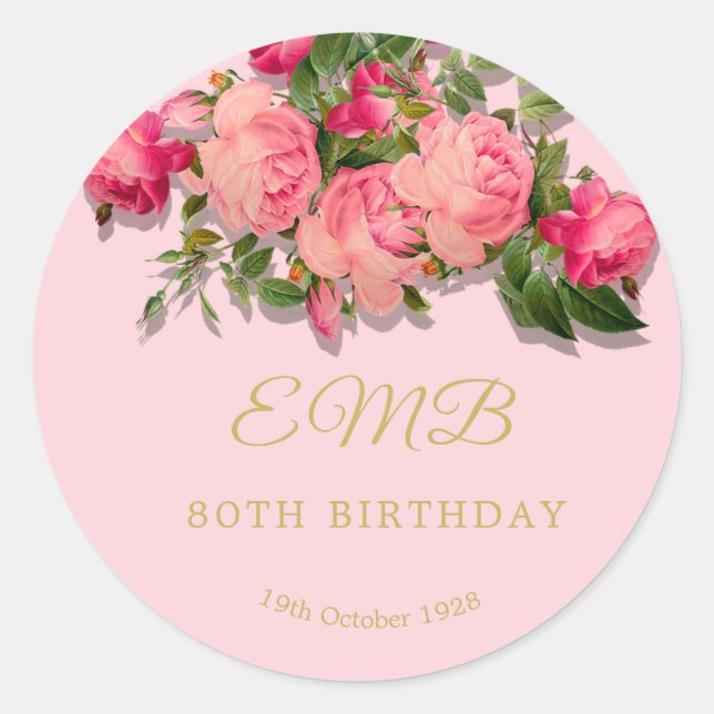 Adesivo 80 Birthday Pink Roses Floral Oitenta (Frente)