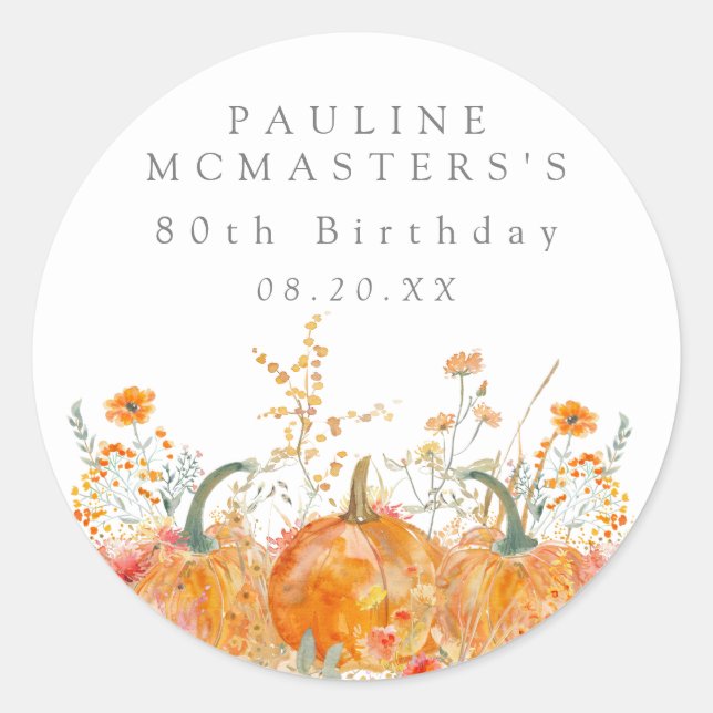 Adesivo 80 Birthday Pumpkin Wildflower Favor Personalizado (Frente)