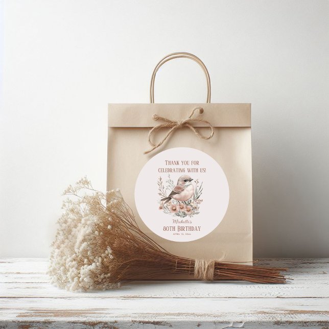 Adesivo 80 de Aniversário do Brown Bird Obrigado (Bird birthday party thank you sticker)