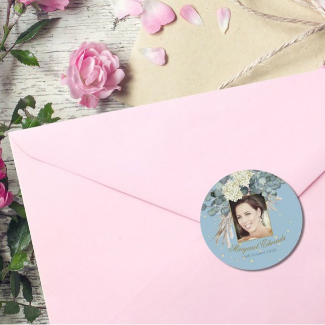 Adesivo 90 Floral Blue Dourado Foto Elegante Aniversário (Criador carregado)