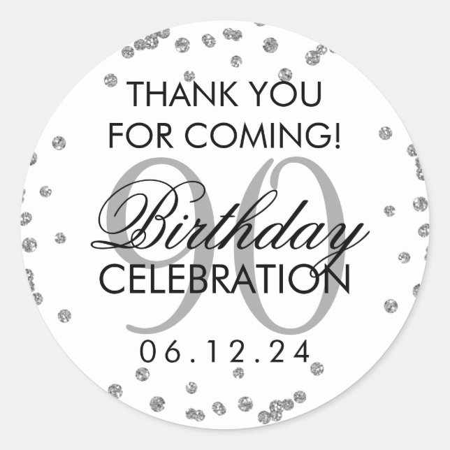 Adesivo 90 Silver Birthday Obrigado Glitter (Frente)
