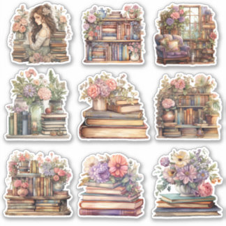 Adesivo 9 Livros de Vintagem Floral Pastagem