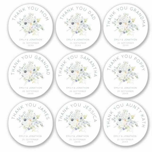 Adesivo 9 Pequeno Nome Individual Obrigado Casamento Flora (Frente)