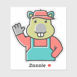 Adesivo A Cartoon Funny Red Beaver Waves Left Hand.