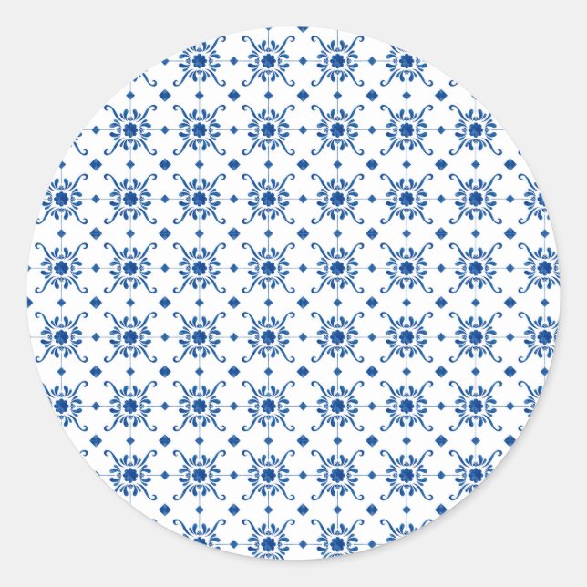 Adesivo A circular sticker features a repeating blue  (Frente)
