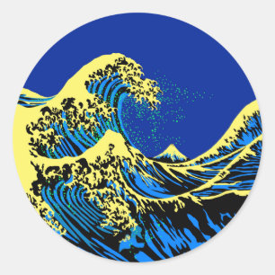 Adesivo A grande onda de Hokusai no estilo amarelo azul do