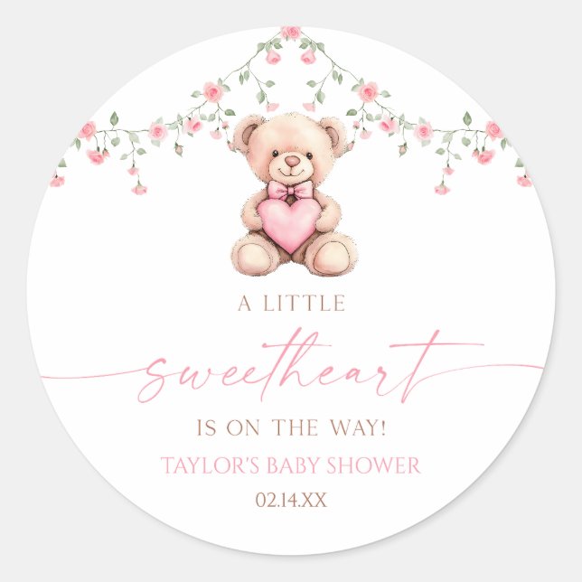 Adesivo A Little Sweetheart Pink Teddy Bear Baby Shower (Frente)