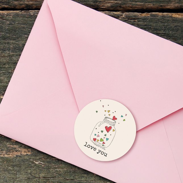 Adesivo A Mão Rústica Desenhou Coração em Jar Te Ama (Rustic Hand Drawn Heart in Jar Love You Classic Round Sticker)