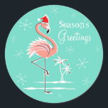 Adesivo A Ronda de Saudações da Estação Flamingo de Natal<br><div class="desc">Na moda design com um toque retrorreflector com um flamingo rosa festivo vestindo um chapéu vermelho de Papai Noel, estrelas e palmeiras decoradas com bolhas colocadas sobre um fundo aqua. Um design personalizável para você personalizar com seu próprio texto, imagens e ideias. Uma imagem de arte digital original criada por...</div>