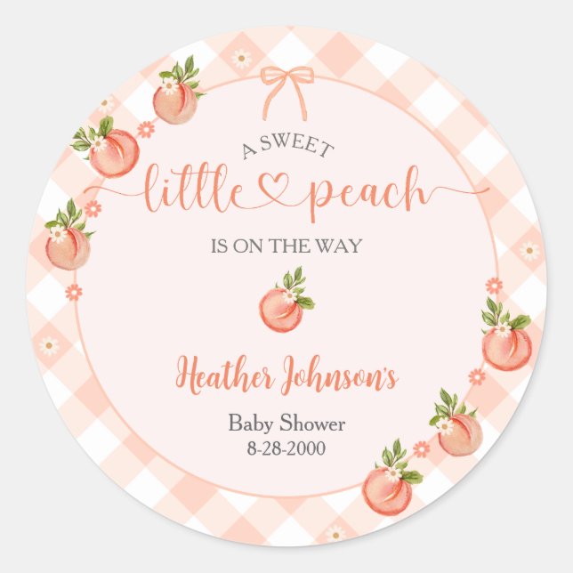 Adesivo A Sweet Little Peach Gingham Baby Shower (Frente)