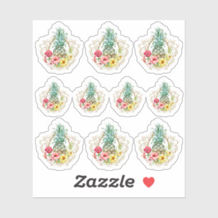 Adesivo Abacaxi e Flores de Hibisco Aquarela Tropical