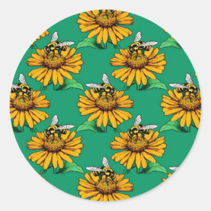 Adesivo Abeha no Design de Padrão de Flor de Girassol Verd
