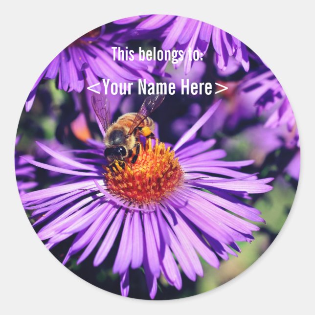 Adesivo Abelhas em Flor de Aster Roxo Personalizado ID (Frente)