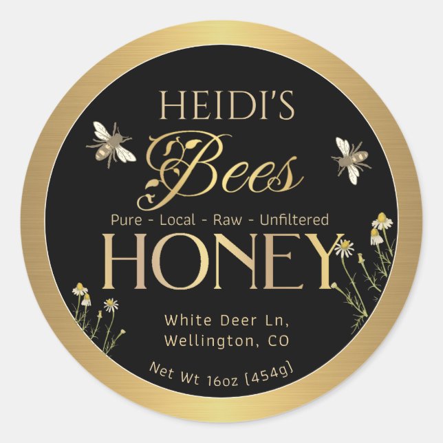 Adesivo Abelhas Nome apicultor Mel Rótulo Metálico Dourado (Frente)