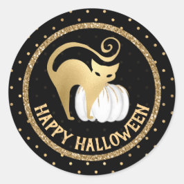 Adesivo Abóbora branca e gato dourado bolinhas de Hallowee