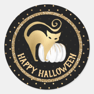 Adesivo Abóbora branca e gato dourado bolinhas de Hallowee
