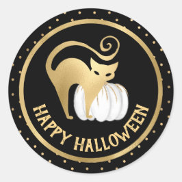 Adesivo Abóbora branca e gato dourado bolinhas de Hallowee