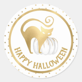 Adesivo Abóbora branca e gato dourado bolinhas de Hallowee
