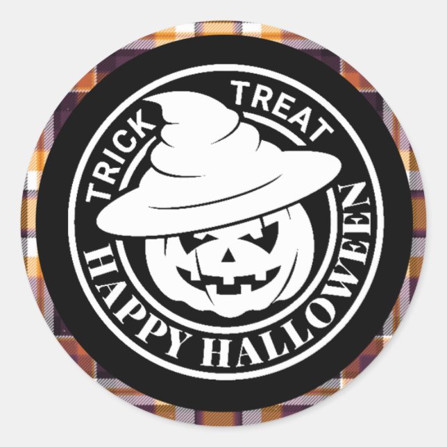 Adesivo Abóbora Branca Feliz Halloween Xadrez Preto/Laranj (Frente)