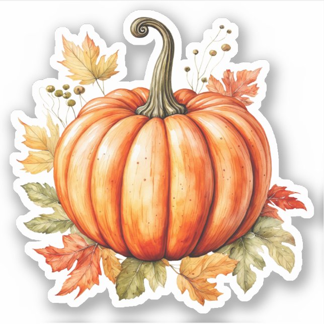 Adesivo Abóbora de Aquarela sobre Folhas de Árvore de Mape (Frente)