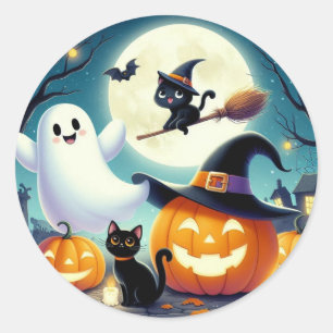 Adesivo Abóbora, gata e fantasma do Halloween