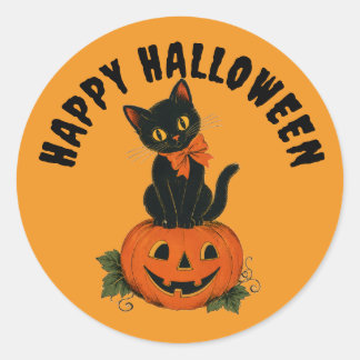 Adesivo Abóbora Gato Preto Vintage Feliz Halloween