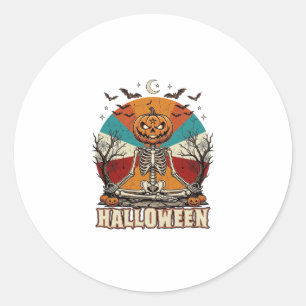 Adesivo Abóbora Meditando no Halloween Esqueleto Retro Sol