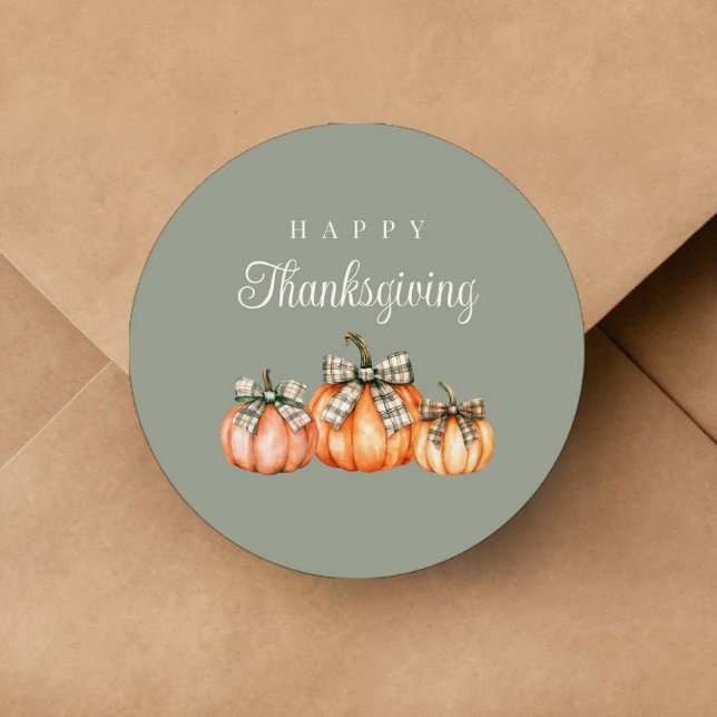 Adesivo Abóboras de Arco Rústico Feliz Dia de Ação de Graç (Rustic Bow Pumpkins Happy Thanksgiving Classic Round Sticker)