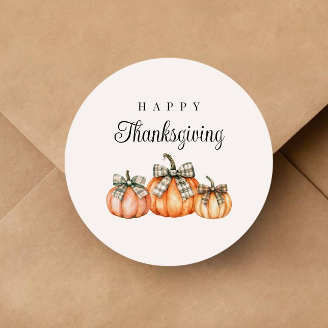 Adesivo Abóboras de Arco Rústico Feliz Dia de Ação de Graç (Rustic Bow Pumpkins Happy Thanksgiving Classic Round Sticker)