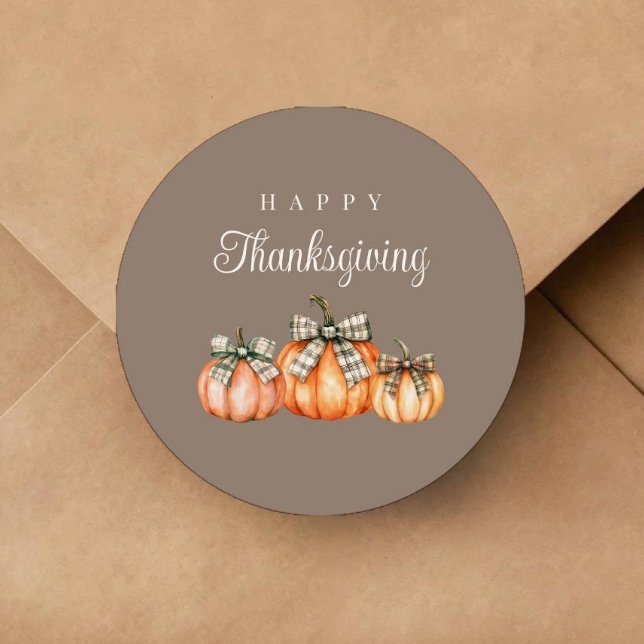 Adesivo Abóboras de Arco Rústico Feliz Dia de Ação de Graç (Rustic Bow Pumpkins Happy Thanksgiving Classic Round Sticker)