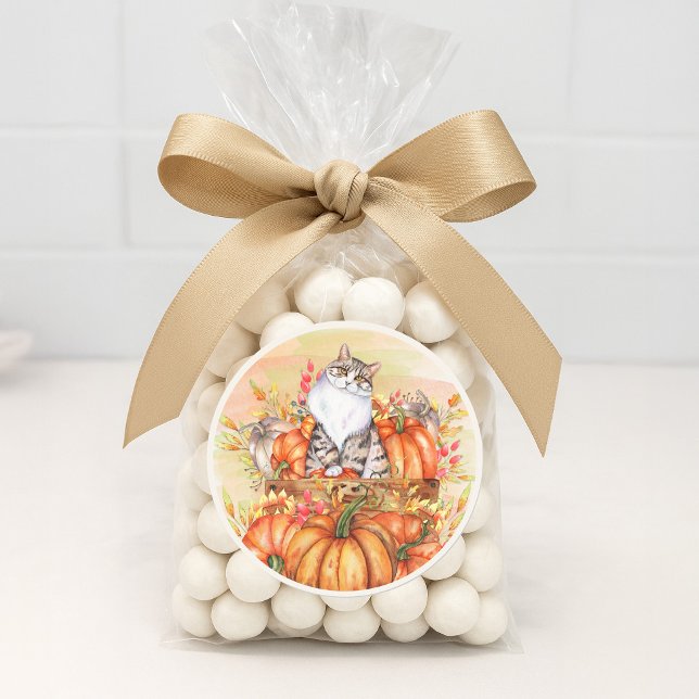 Adesivo Abóboras de Gato Outono Branco Laranja (Cat and pumpkins fall/autumn sticker for envelopes and favor bags)