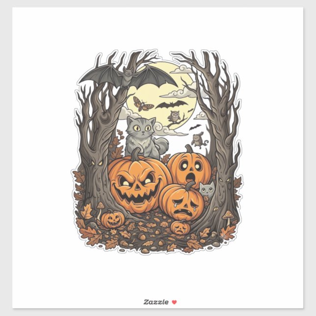 Adesivo Abóboras de Halloween Gato Cinza Morcego Lua Cheia (Folha)