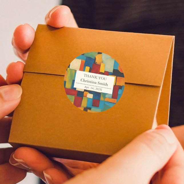 Adesivo Abstrato Geométrico Retrorização Obrigado (Abstract Geometric Retro Retirement Thank You Classic Round Sticker)