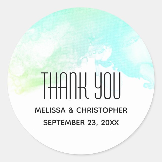 Adesivo Abstrato Verde Moderno e Azul Aquarela Obrigado (Frente)