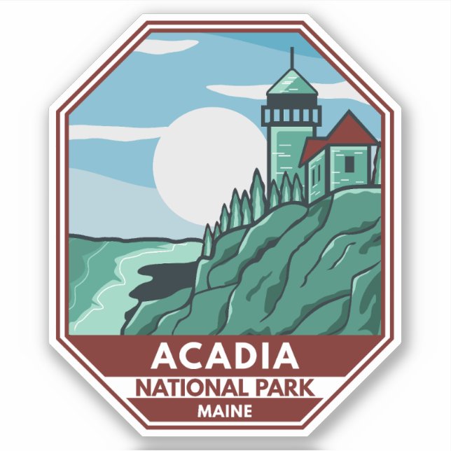 Adesivo Acadia National Park Maine Lighthouse Retro Emblem (Frente)