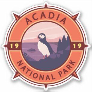 Adesivo Acadia National Park Puffin Retro Compass Emblem