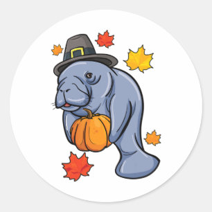 Adesivo Ação de Graças Manatee Pilgrim Fall Pumpkin Dugong