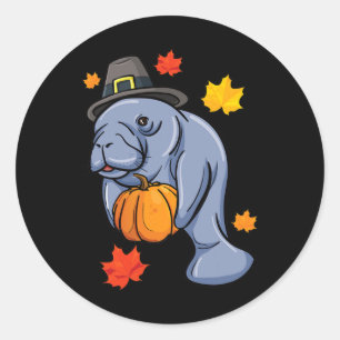 Adesivo Ação de Graças Manatee Pilgrim Fall Pumpkin Dugong