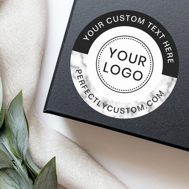 Adesivo Adicionar evento comercial de borda negra de mácul (Add logo text marble black border business event classic round sticker)