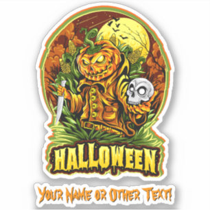Adesivo Adicione Nome, Monster Pumpkin Knife Killer Skull