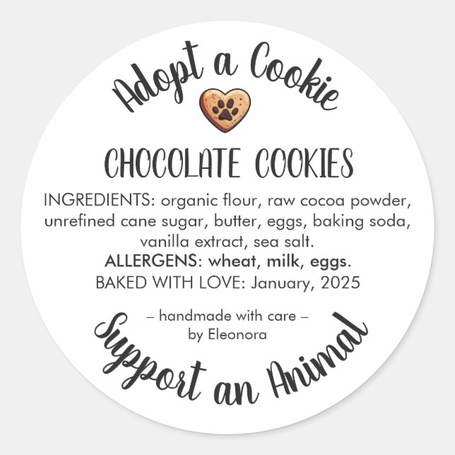 Adesivo Adopt a Cookie Animal Rescue Bakery Ingredients (Frente)