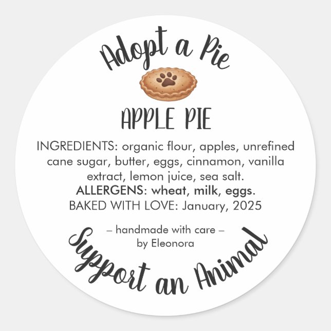 Adesivo Adopt a Pie Animal Rescue Bakery Ingredients (Frente)
