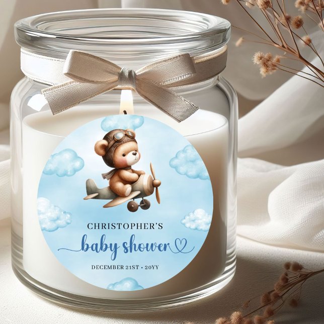 Adesivo Adorable Boy Shower Teddy Pilot Airplane Sticker (Celebrate your little aviator’s upcoming arrival with this adorable boy baby shower sticker featurin)