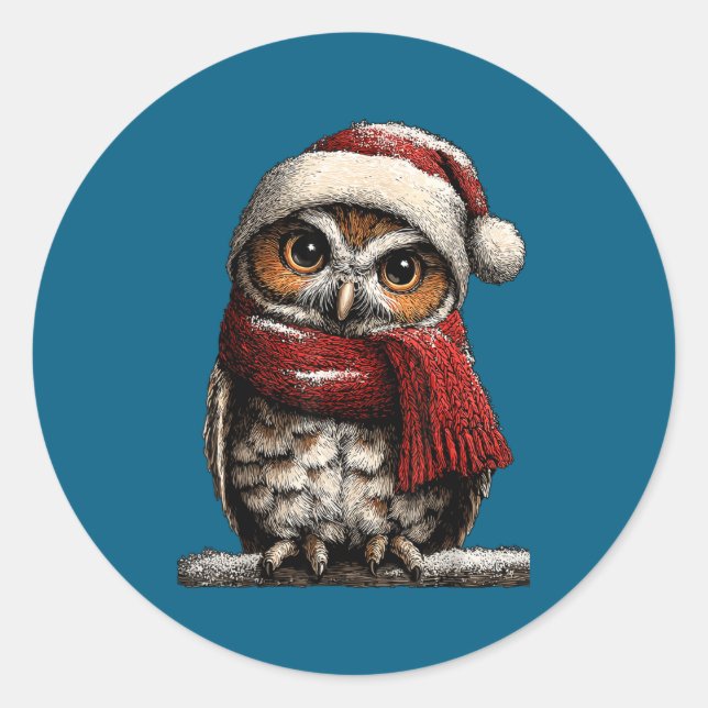 Adesivo Adorable Owl With Santa Hat Snowy Winter Christmas (Frente)